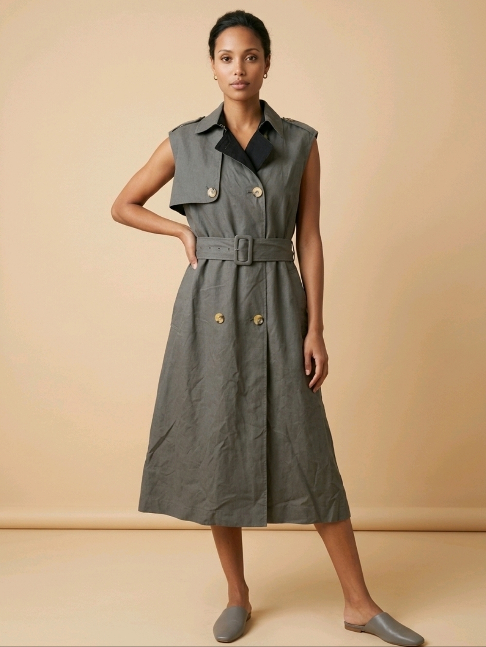 ZARA Sleeveless Trench Dress in Olive Gray with Belt